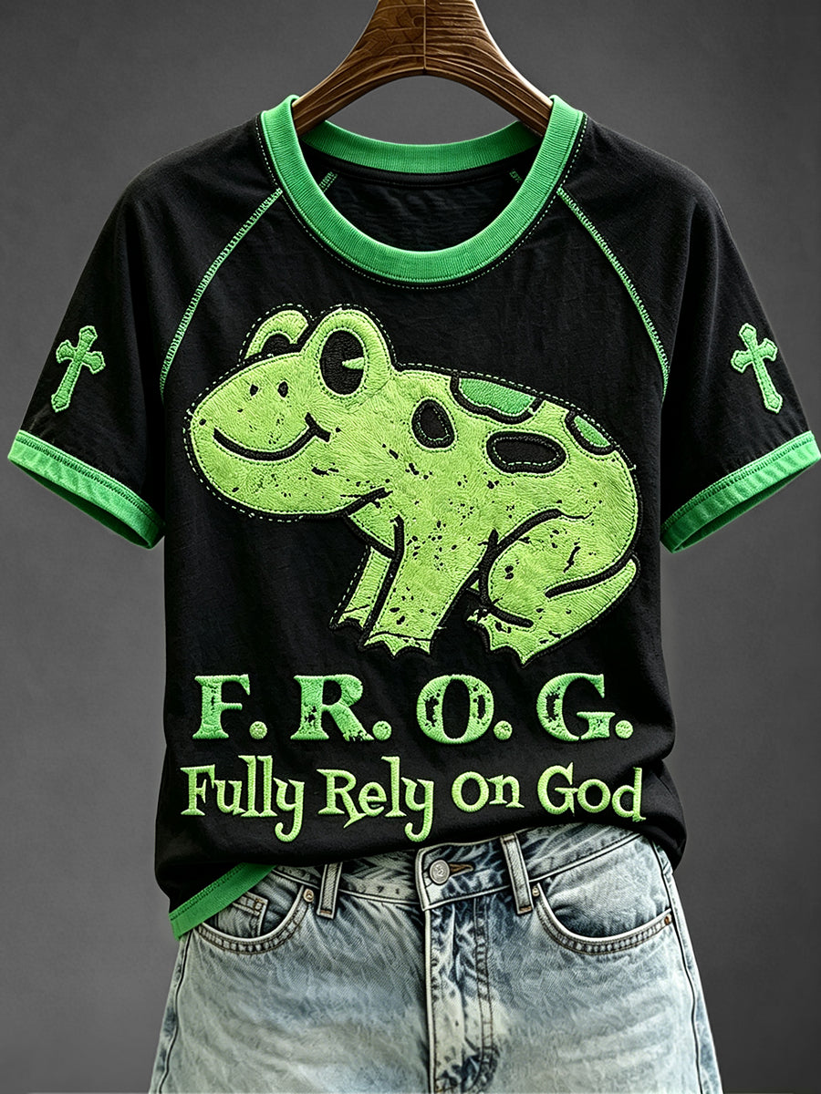 Women's Fully Rely On God Funny Christian Frog Print Faith Base Short Sleeve T-shirt