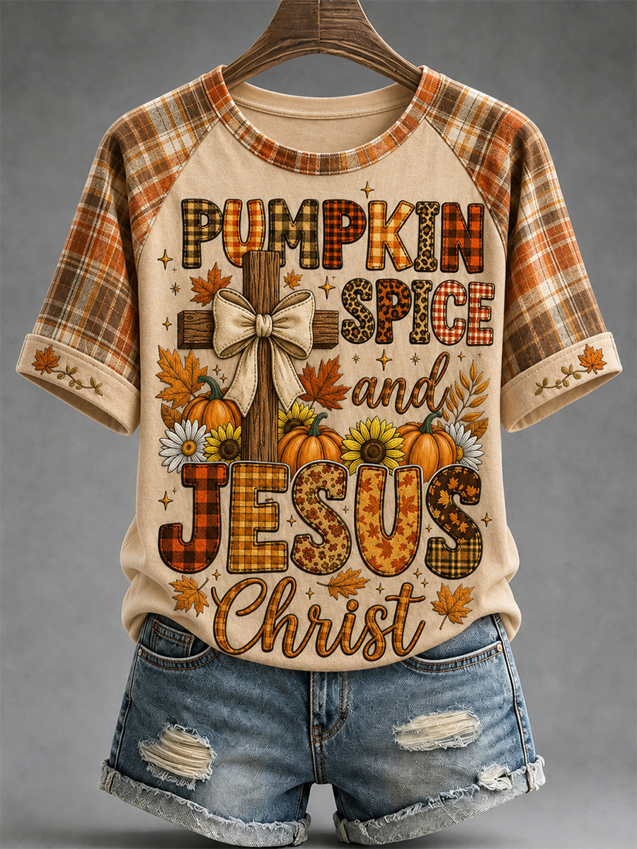 Women's Pumpkin Spice And Jesus Christ Print Casual Tee