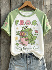 Women's Fully Rely On God Frog with Coffee Cup with Flowers Print Short Sleeve T-shirt