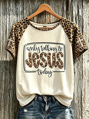 Women's Faith Slogan Leopard Print Pattern Printed Leisure Round Neck T-shirt