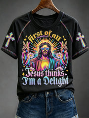 Women's Retro First of All Jesus Thinks I'm A Delight Funny Colorful Graffiti Print Short Sleeve T-shirt