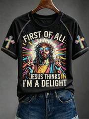 Women's Retro First of All Jesus Thinks I'm A Delight Funny Colorful Graffiti Print Short Sleeve T-shirt