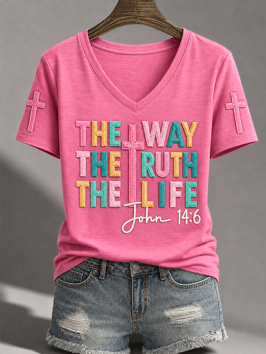 Women's Jesus The Way The Truth The Life Cross Print Casual V-Neck Tee